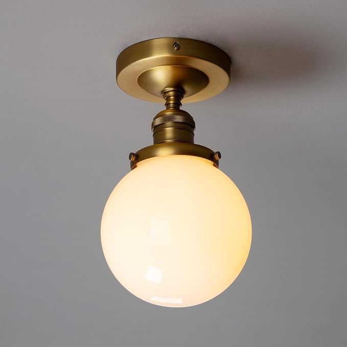 PERMO Morden Semi Flush Mount Ceiling Pendant Light Gold Ceiling Lights Hallway Fixtures with Milk White Globe Glass Lampshade 1-Light