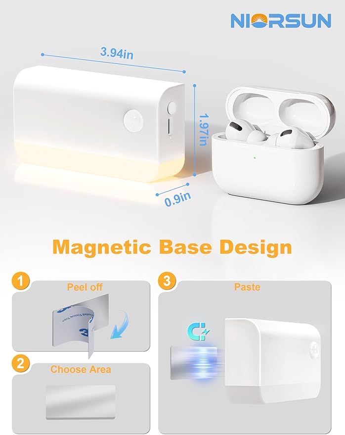 NIORSUN Motion Sensor Stair Lights Indoor, 8 Pack Rechargeable Wireless Step Lights with 3 Color Temperatures, 1200mAh Battery, Magnetic Base for Hallway, Closet, Bathroom, White