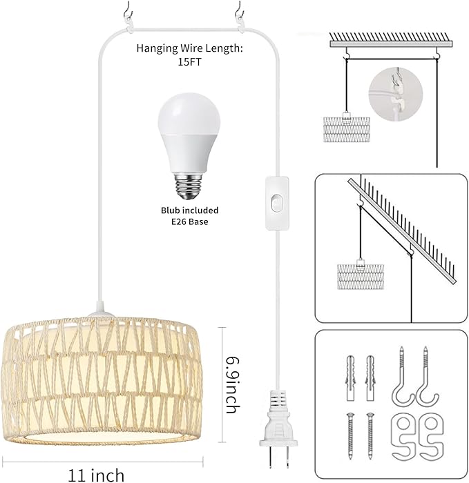 Plug in Pendant Light, Rattan Hanging Lights with Plug in Cord, Woven & Fabric 2 in 1 LampShade, Hanging Lamp Plug in for Bedroom Living Room Kitchen Island-Cream (Bulb Included)