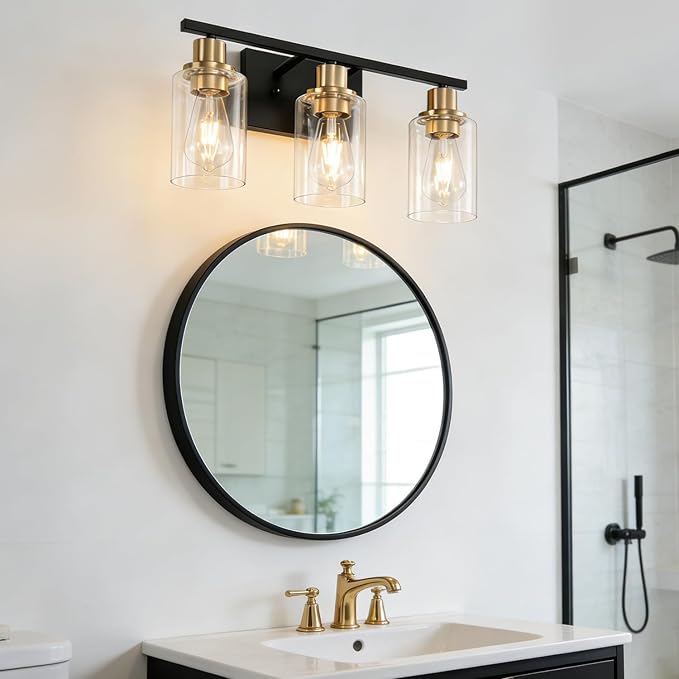 Bathroom Light Fixture Black Gold Vanity Lights Over Mirror, 3 Light Wall Sconces Lighting with Clear Glass Shades, Modern Wall Lights Wall Lamp for Mirror, Hallway Kitchen Bedroom Cabinet