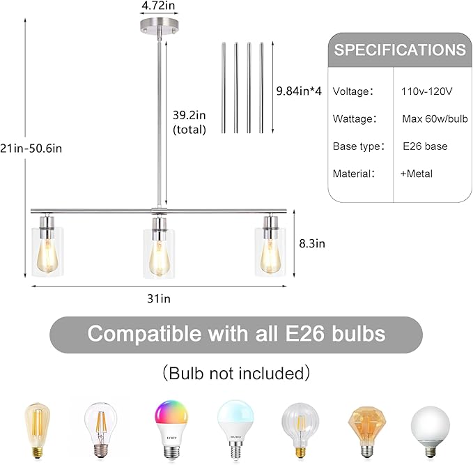 3-Light Kitchen Island Lighting, Farmhouse Dining Room Light Fixtures Over Table, Modern Brushed Nickel Island Lights Over Island, Linear Chandelier Hanging Ceiling Pendant Light Fixtures for Kitchen