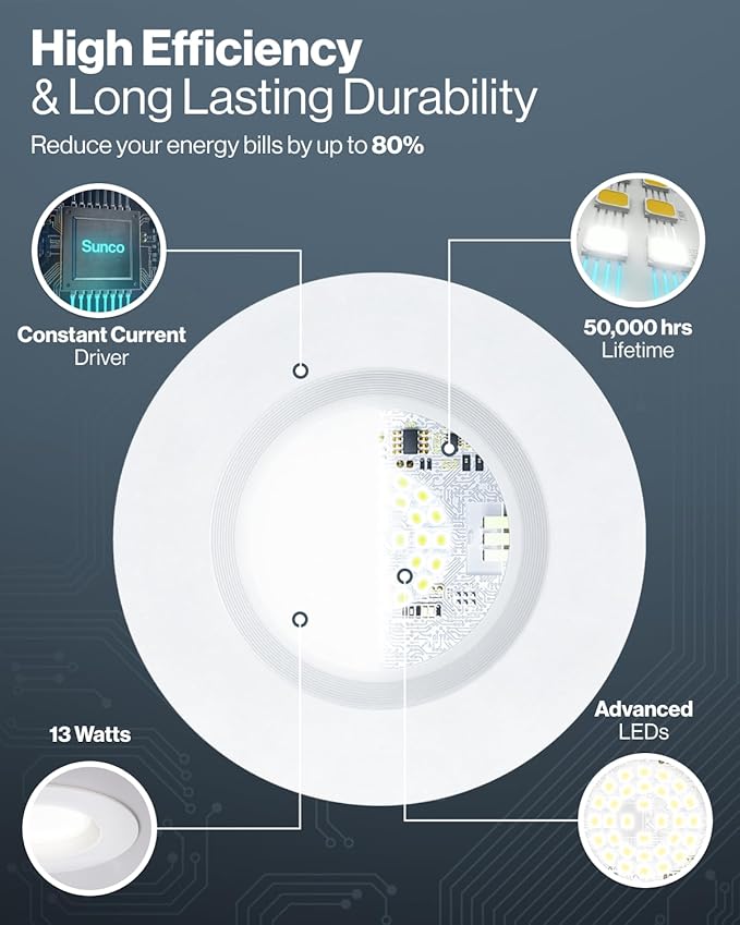 Sunco 64 Pack 6 Inch LED Recessed Light, Retrofit Downlight Can Lights for Ceiling, Baffle Trim, 1050 LM, 13W (75W Equivalent), Selectable CCT 2700K/3000K/3500K/4000K/5000K, Dimmable, Damp Rated UL