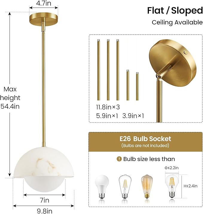 Modern Pendant Light Fixtures: 10 Inch Resin Shade Mid Century Chandelier with Milk Glass Globe - Adjustable Gold Pendant Lighting for Kitchen Island 3 Packs