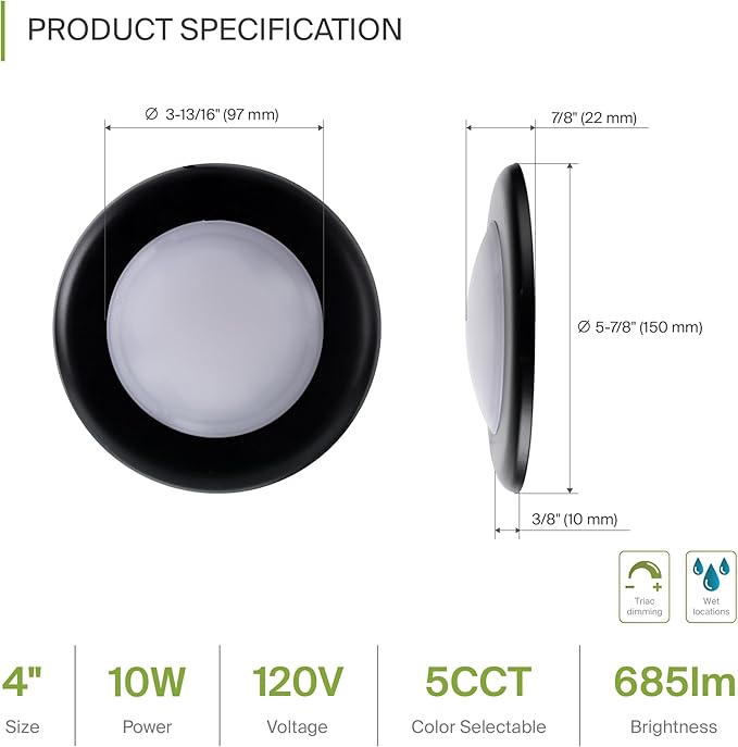 ASD 6 Pack LED Disk Lights 4 Inch, 10W 5CCT 2700K-5000K 685LM CRI90+, Dimmable Flush Mount Ceiling Light Fixture, Low Profile Surface Mount Disc Lights, Junction Box or Recessed Can Install, UL