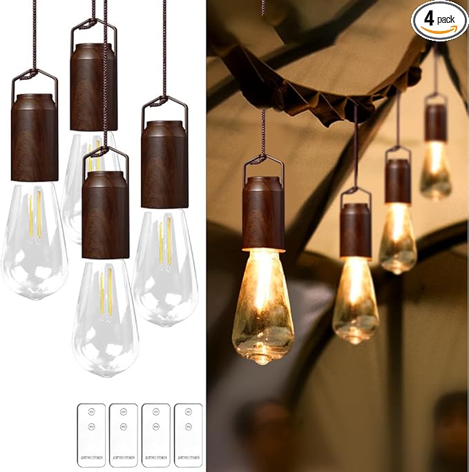 4 Pack Rechargeable Warm Tent Hanging Light Bulb,Portable Outdoor Vintage LED Camping Light,Pendant Hurricane Emergency Lighting Lantern for Hiking Backpacking Fishing Outage Power Failure