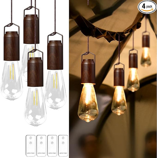 4 Pack Rechargeable Warm Tent Hanging Light Bulb,Portable Outdoor Vintage LED Camping Light,Pendant Hurricane Emergency Lighting Lantern for Hiking Backpacking Fishing Outage Power Failure