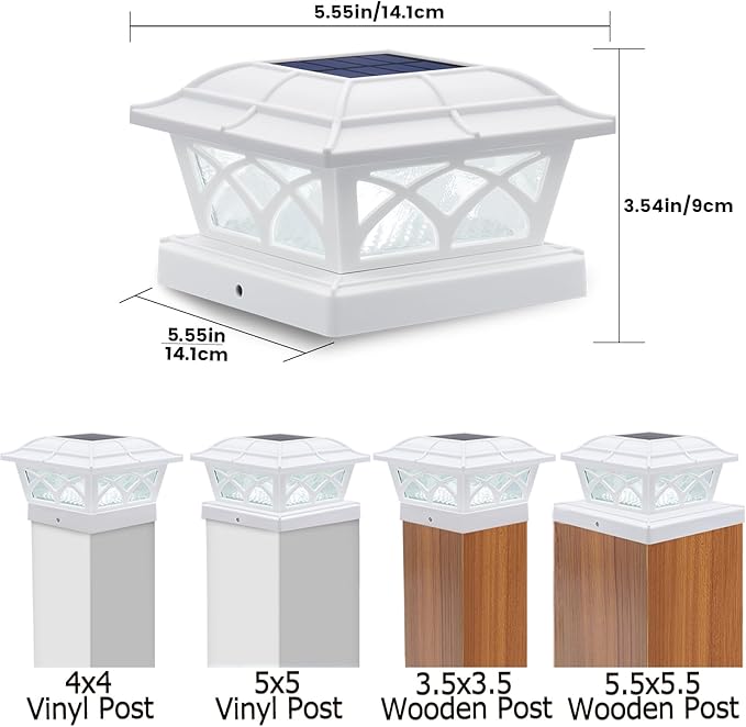 SIEDiNLAR Solar Post Cap Lights Outdoor Glass 2 Color Modes 8 LEDs for 4x4 5x5 6x6 Posts Fence Deck Patio Decoration Warm White & Cool White Lighting White (1 Pack)