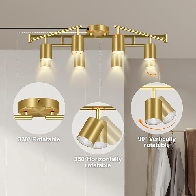 Plug in Track Lighting LED, Track Lighting Fixtures Ceiling, Gold 8-Light Kitchen Light Kit, Plug in Wall Light with 14.8ft Power Cord, Rotatable Ceiling Spotlight for Bedroom(GU10 Socket, NO Bulb)