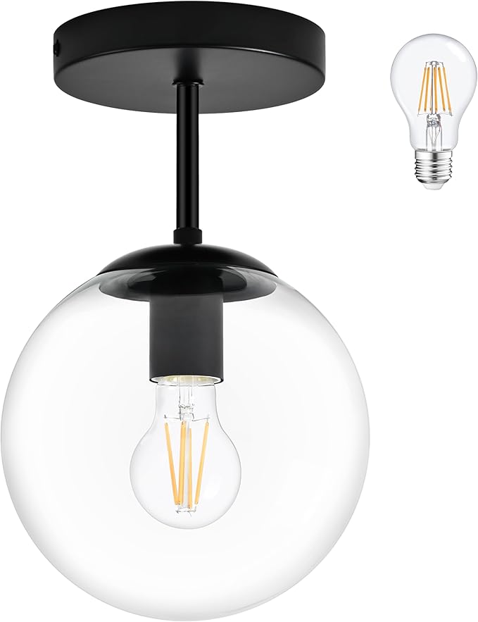 8" Black Semi Flush Mount Ceiling Light Fixture Clear Glass Globe Ceiling Light Fixture Hallway Light Fixture Mid Century Ceiling Light Matte Black Finish for Entryway Foyer Kitchen(Bulb Incl.)