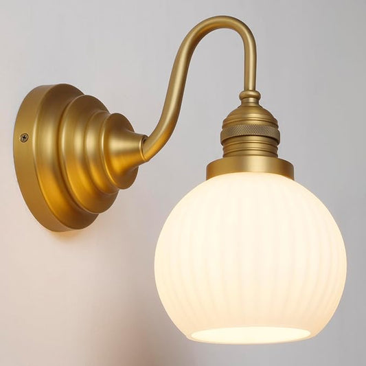 Milk Glass Wall Sconce Hardwired Bathroom Vanity Light with Striped Bowl Milk Glass Vintage Brass Wall Mounted Lights for Bathroom Mirror Living Room Bedroom Kitchen E26
