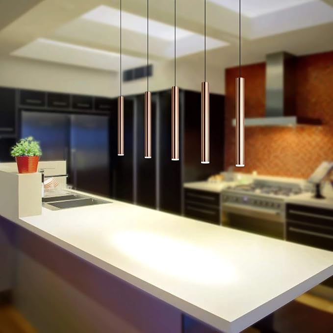 CANALIS 5 Mini Pendant Lighting Copper - LED Hanging Light Fixture for Kitchen Island, Bar, Foyer - Cluster Pendants - Dimmable, Adjustable Wire, Lamp Bulb Included