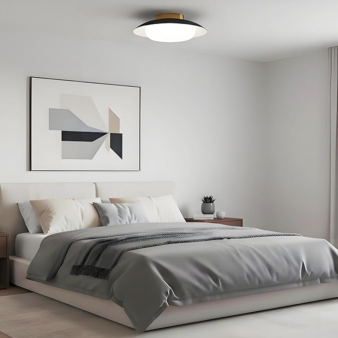 15.75 inch Modern LED Semi Flush Mount Ceiling Light - Round Matte Black and Gold 36W 5000K Daylight Not Dimmable Bright Fixture for Kitchen Master Bedroom Living Room Entryway Lighting