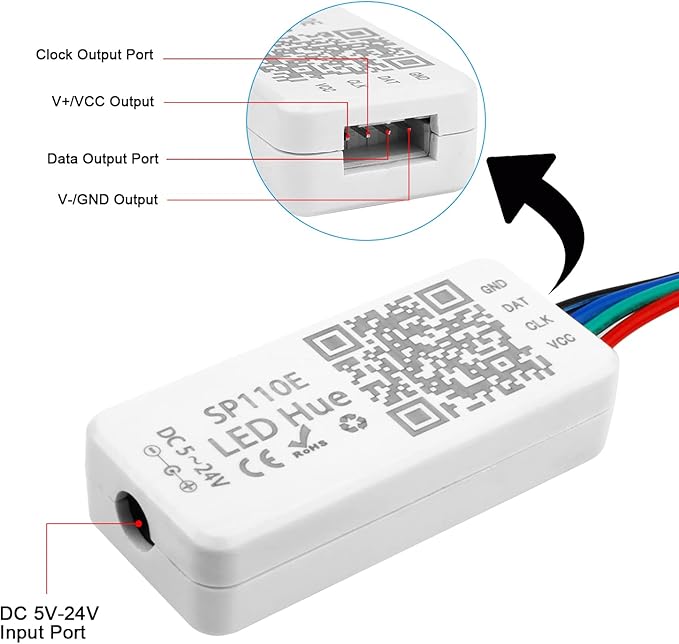 RGBZONE Bluetooth LED Controller, SP110E Pixel LED Light Strips Controller, Smart APP Control for 5V/12V/24V WS2812B WS2813 SK9822 APA102 SK6812 LPD8806 DMX512 1903 RGB/RGBW