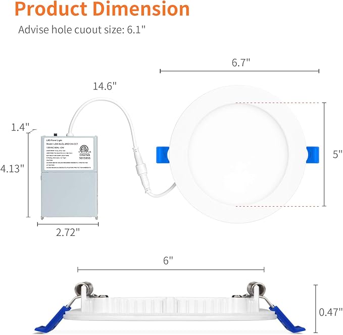 Meconard 12 Pack 6 Inch LED Recessed Ceiling Light, 2700K/3000K/3500K/4000K/5000K Selectable, Dimmable 12W=110W, 1050LM, IC Rated Can-Killer Downlights with Junction Box, ETL and Energy Star Listed
