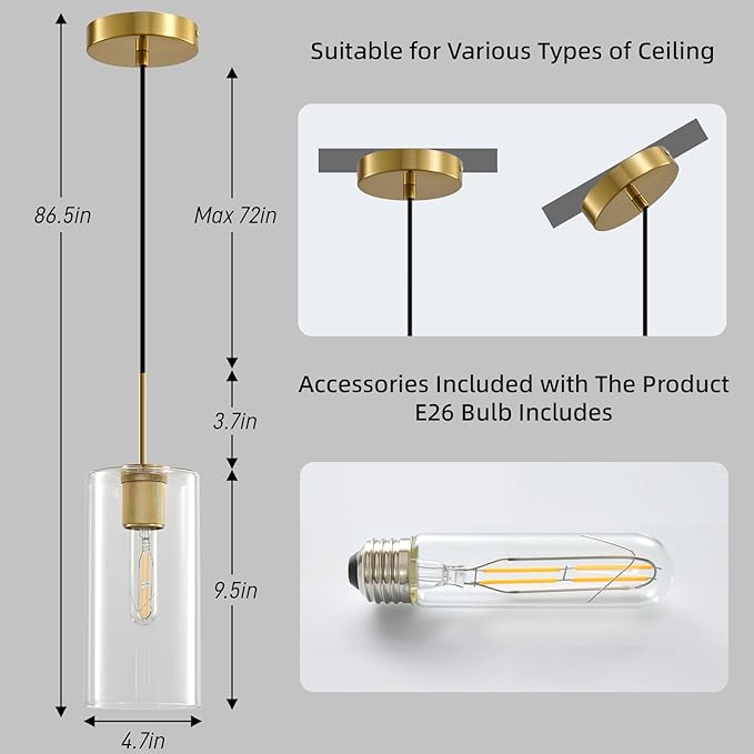 Modern Gold Glass Pendant Light: Cylinder Clear Glass Pendant Light over Kitchen Island - Simple Brass Hanging Lights with Short Tube - Height Adjustable Pendants Lighting Fixture for Bedroom Bathroom