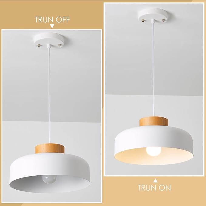 Modern Pendant Light with Real Wood Cap - 12.6” White Hanging Light Fixture for Kitchen Island, Dining Room Table - Adjustable Height Ceiling Light with E26 Socket - Scandinavian Style