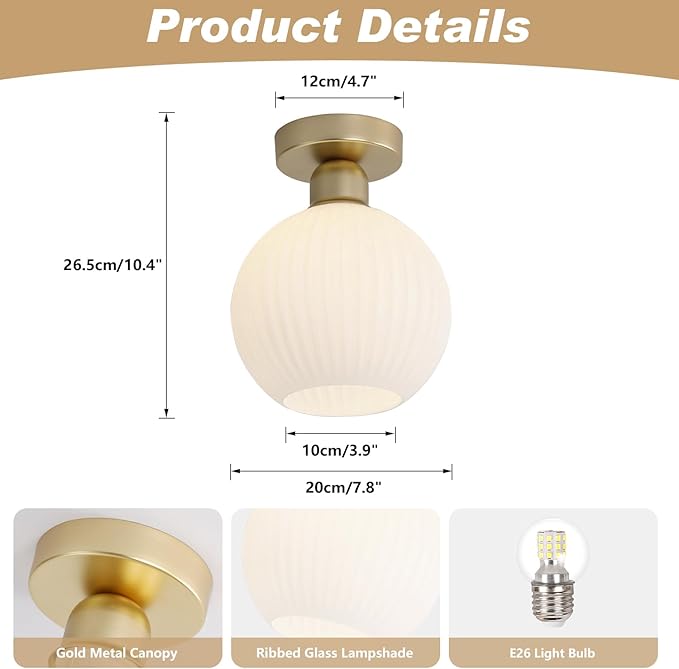 KCO Lighting 1 Ribbed Glass Flush Mount Ceiling Light Set of 2 Small Globe Round Semi Flush Mount Mid Century Modern Entry Hallway Light 2 Pack Gold and White