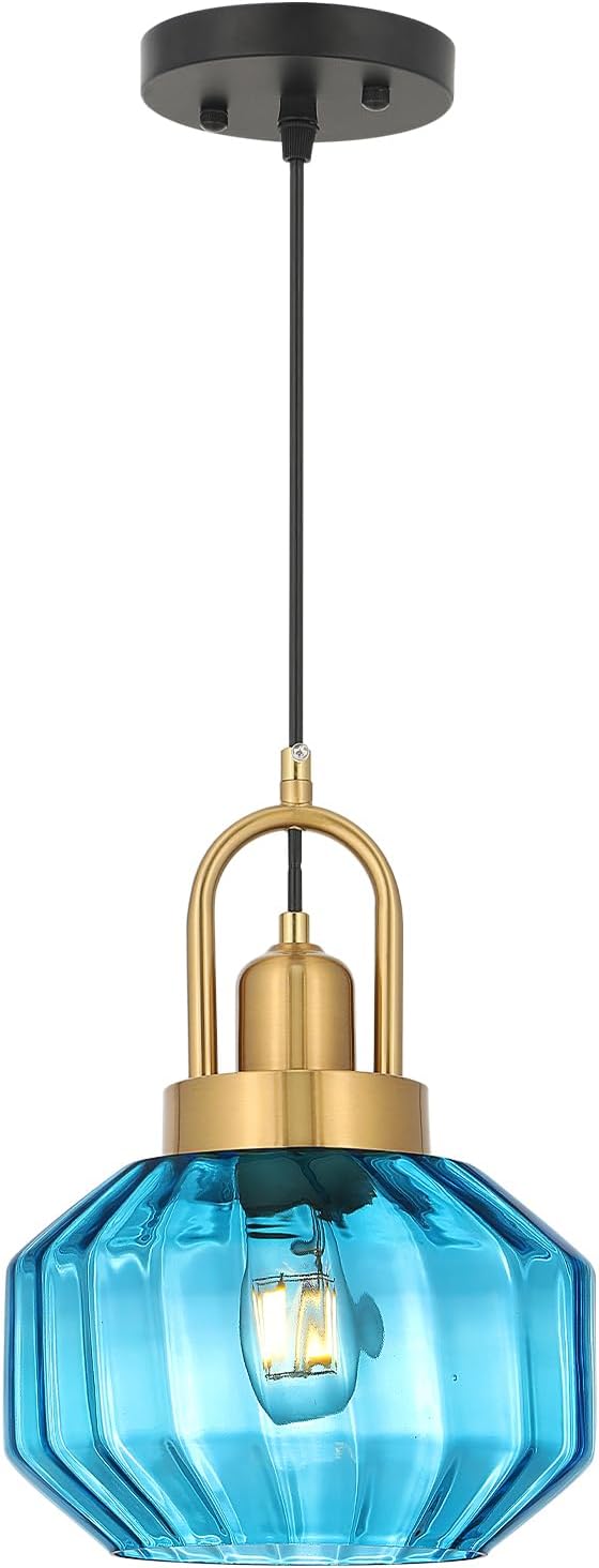 9in Mid Century Modern Blue Glass Pendant Light Fixture, Small Gold Kitchen Island Pendants Light Glass Ceiling Hanging Lamp for Foyer Dining Room Bedroom Entryway Hallway Over Sink