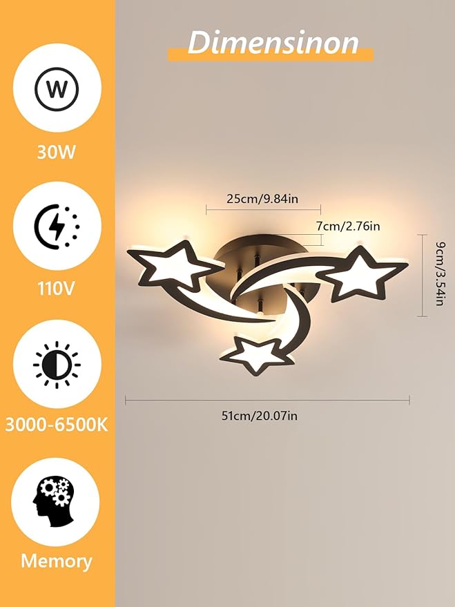 Goeco Kidsroom Ceiling Light, 3 Light Mode Black Acrylic Close to Ceiling Light Fixtures, Stars Creative Cartoon Flush Mount Ceiling Lamp Fixture for Kids Room, Bedroom, Living Room