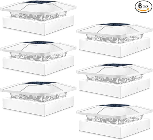 Peasur 6 Packs 4x4 Post Solar Lights with 3 Modes, Waterproof LED Solar Powered Cap Lights for 4×4/3.5×3.5 Wood/Vinyl Posts, White Post Top Lighting Outdoor for Fence Deck Mailbox Porch Railing