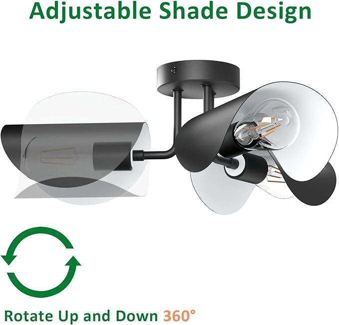 Aipsun Black Semi Flush Mount Ceiling Light, 3 Lights Modern Retro Ceiling Lighting with Black Adjustable Shades for Hallway, Dining Room and Bedroom