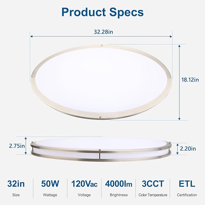 DAKASON 32In Oval LED Flush Mount Light for Kitchen/Living Room, 50W Large LED Ceiling Light Fixture, 3500K/4000K/5000K Adjustable, Dimmable for Dining Room/Bedroom
