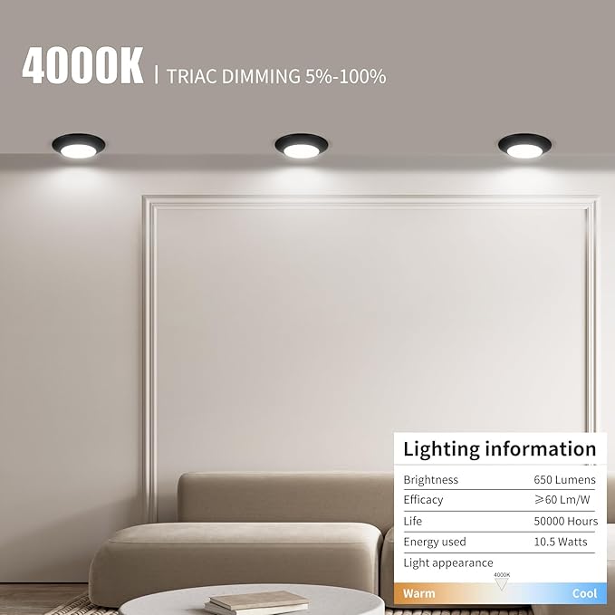 ECOELER LED Dimmable Recessed Downlight, 10.5W 650Lm, 4000K Cool White, Surface Mount LED Ceiling Light, Suitable for Wet Locations, Black Aluminum Trim, ETL Listed, 4Pack