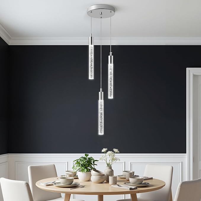 Modern Light Fixture Kitchen Island Pendant Light Dimmable LED Chrome Pendant Lights Mini Crystal Pendant Lighting for Bedroom Dining Room Living Room（3-Light ）