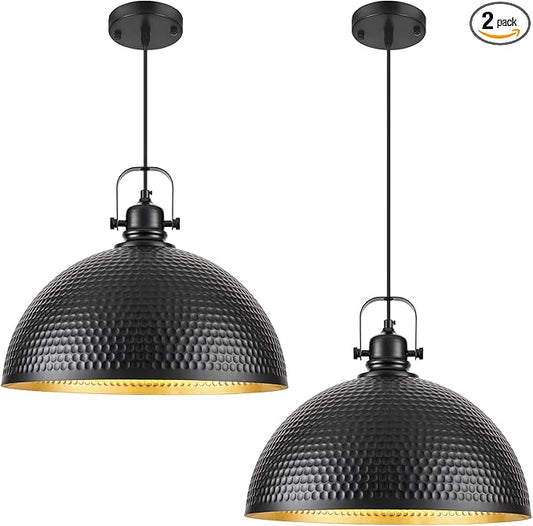 16 Inch Black Hammered Pendant Light 2 Pack, Vintage Pendant Lights Kitchen Island Adjustable Height, Large Dome Pendant Light Fixtures for Kitchen, Dining Room, Bedroom,Bar
