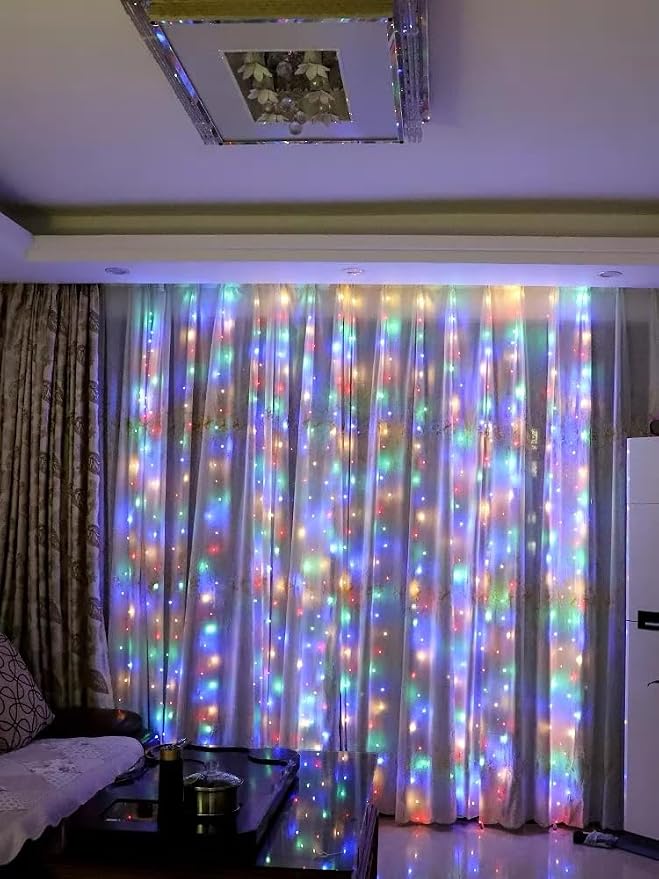 100 LED Colorful Curtain Light for Party/Wedding/Festival/Christmas,Window Blinking String Light for Bedroom/Living Room,USB Plug with 8 Modes(Battery not Included)