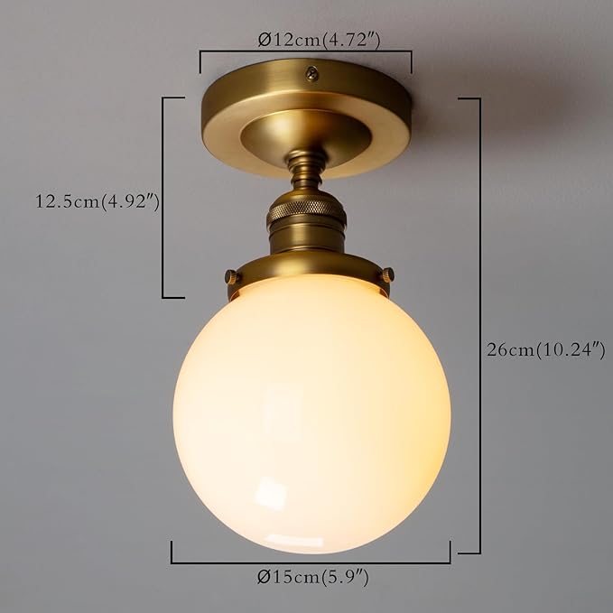 PERMO Morden Semi Flush Mount Ceiling Pendant Light Gold Ceiling Lights Hallway Fixtures with Milk White Globe Glass Lampshade 1-Light
