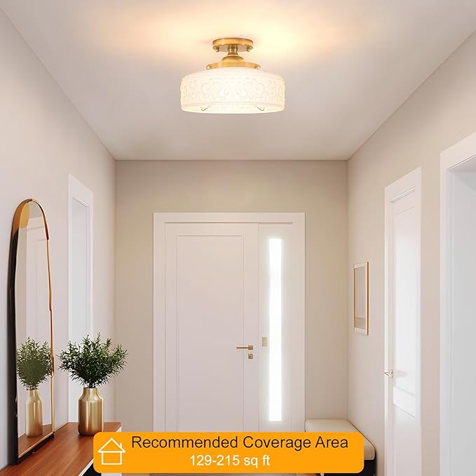 Gold Semi Flush Mount Ceiling Light with Hand-Carved Design - 12 Inch Vintage White Glass Shade with Etched Patterns, Easy Install 3-Light Fixture for Hallway, Kitchen, Bedroom