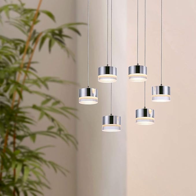 Jupiter 6 Mini Pendant Lighting Nickel - LED Hanging Light Fixture for Kitchen Island, Bar, Foyer - Cluster Pendants - Dimmable, Adjustable Wire, Lamp Bulb Included