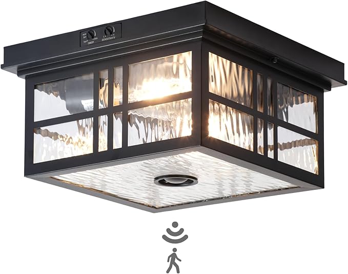 CALOKES Industrial Motion Sensor Outdoor Flush Mount Ceiling Light, Water Ripple Glass Square Black 2-Light Ceiling Lamp for Porch, Entryway, and Garage, Timer and Sensitivity Adjustable