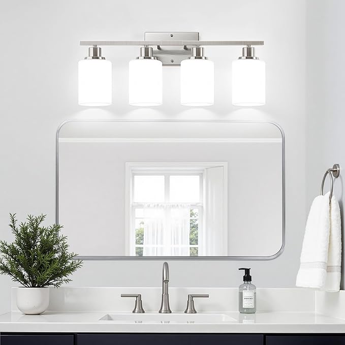 Indoi 4-Light Bathroom Light Fixtures, Brushed Nickel Vanity Lights with Milk Glass Shades, Modern Bathroom Wall Lamp for Mirror Living Room Bedroom Porch