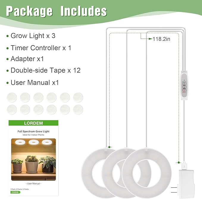 LORDEM Ceiling Grow Light 144 LEDs Full Spectrum for Indoor Plants, Tri-Head Design with Auto Timer (4/8/12H) & 4 Dimmable Levels, Corded Hanging Lamp for Small Plants