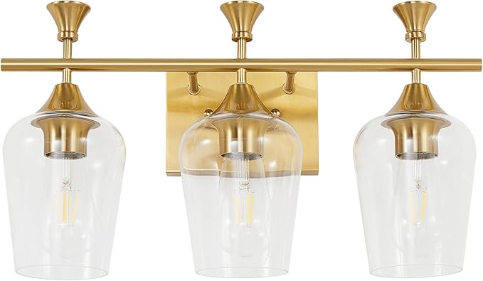 Bathroom Light Fixtures (3-Light, 19 Inch), Brushed Gold Vanity Lights for Bathroom with Clear Wine Glass Glass Shade, Modern Vanity Wall Lights for Mirror Bedroom Living Room Kitchen Hallway Porch