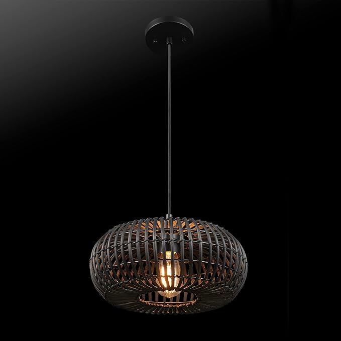 GLOBE Electric 65701 Maren 1-Light Pendant Lighting, Matte Black, Rattan Shade, Bulb Not Included