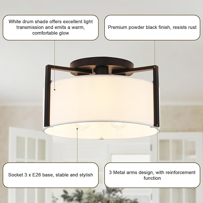 15" Semi Flush Mount Ceiling Light, 3-Light Modern Kitchen Hallway Light Fixtures with Drum White Shade, Metal Close to Ceiling Lights for Entryway Living Room Bedroom Dining Room Foyer, Black