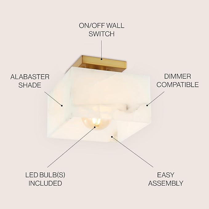 JONATHAN Y 8" White Marbling/Brass Gold Modern 1-Light Semi Flush Mount Ceiling Light for Bedroom, Cube White Alabaster Marble Shade, Mid-Century Minimalist Fixture, LED Bulb Included (JYL1203A)