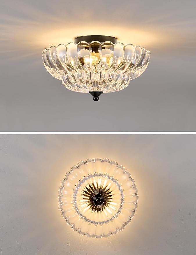 3-Light Semi Flush Mount Ceiling Light Fixture, Vintage Crystal Glass with Black Metal Frame, Modern Close-to-Ceiling Lighting for Bedroom Kitchen Living Room Hallway, E26 Base (Bulbs Not Included)