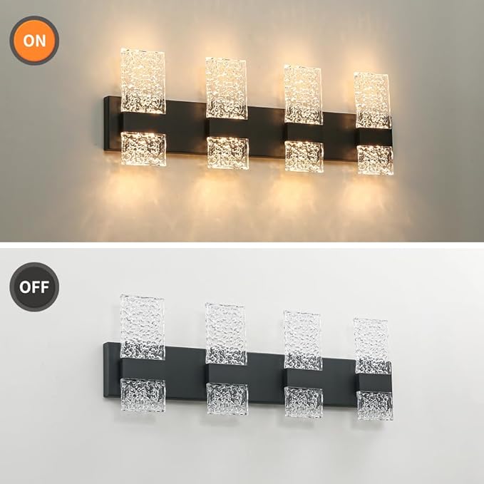 Modern Matte Black 8-Lights Bathroom Vanity Light, Eleglant LED Bathroom Light Fixtures Over Mirror, Dimmable Acrylic Shade Wall Lighting Fixtures, Hardwired Wall Light(H9.25in, L28.35in)