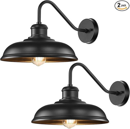 17.25” Outdoor Wall Light Fixtures 2-Pack, Farmhouse Black Barn Lights, Gooseneck Exterior Lighting Fixtures Wall Mounted, Porch Lights Waterproof, Anti-Rust Outdoor Lights for House Garage Entryway