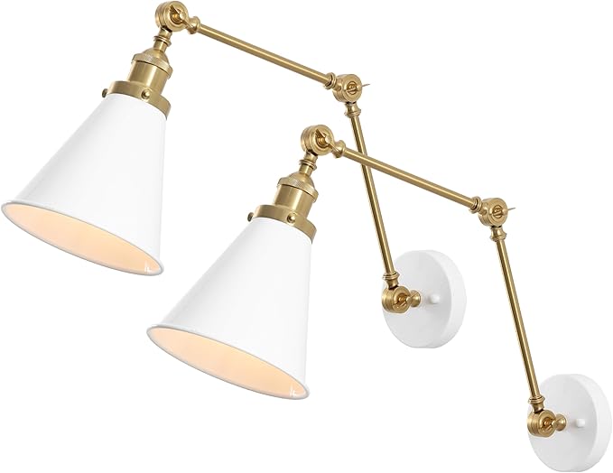 JONATHAN Y 7" White/Brass Gold Classic Industrial Metal Adjustable Arm LED Wall Sconce for Bedside Reading, Farmhouse Swing Arm Wall Lamp with Metal Shade, Hardwired (JYL7462B-SET2)