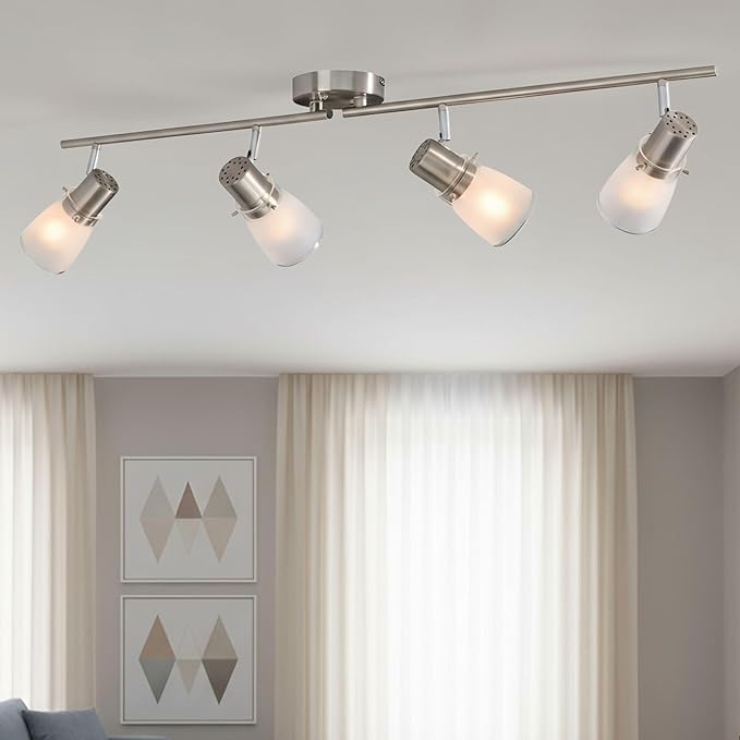 4-Light Track Lighting Kit, Brushed Nickel Flush Mount Ceiling Light Fixture with Frosted Glass Shades, Foldable Arms with E26 Adjustable Heads Spotlight, ETL Listed (35.6 inch)