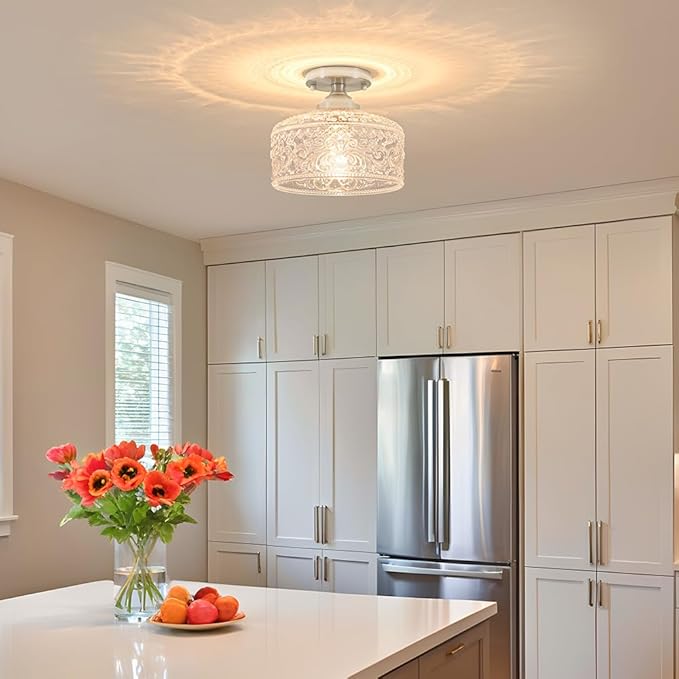 Brushed Nickel Semi Flush Mount Ceiling Light, Antique Ceiling Light with Glass, Indoor Close to Ceiling Light Fixture, Entryway Light Fixtures, Overhead Lighting Fixture for Hallway Kitchen Bedroom
