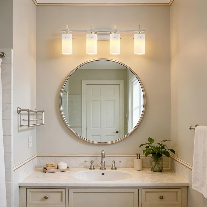 SOLFART 4 Light Bathroom Vanity Lights Over Mirror, Vintage Bathroom Lighting Brushed Nickel Wall Sconce with Milky White Glass Shade