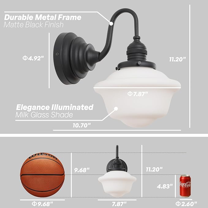 Vintage Wall Sconce Light Hardwire Black Bathroom Vanity Light with Frosted Milk White Gyro Glass Shade Modern Farmhouse Wall Lamp Fixture for Bathroom Mirror Living Room Bedroom Indoor