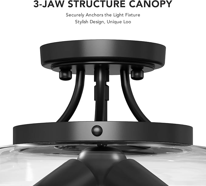 VONLUCE Semi Flush Mount Ceiling Light, 13.8" Ceiling Light Fixture with Clear Glass Shade, E26 Base, 3-Bulb Industrial Lighting Fixture for Hallway Entryway Bedroom, Matte Black, ETL Certificated