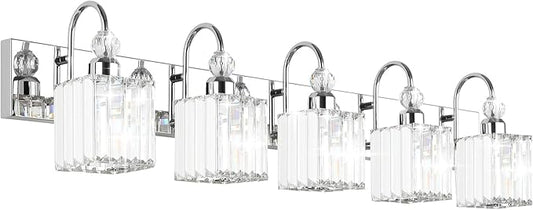 Ralbay Chrome Crystal Vanity Lights 5-Lights 40'' Modern Crystal Bathroom Light Fixtures Modern Crystal Vanity Lighting Over Long Mirror Bathroom Wall Lighting Fixtures